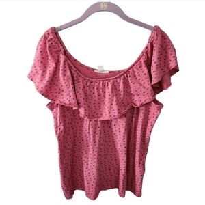 Style & Co Western Black Red Dainty Floral Ruffle knit cottagecore blouse top M